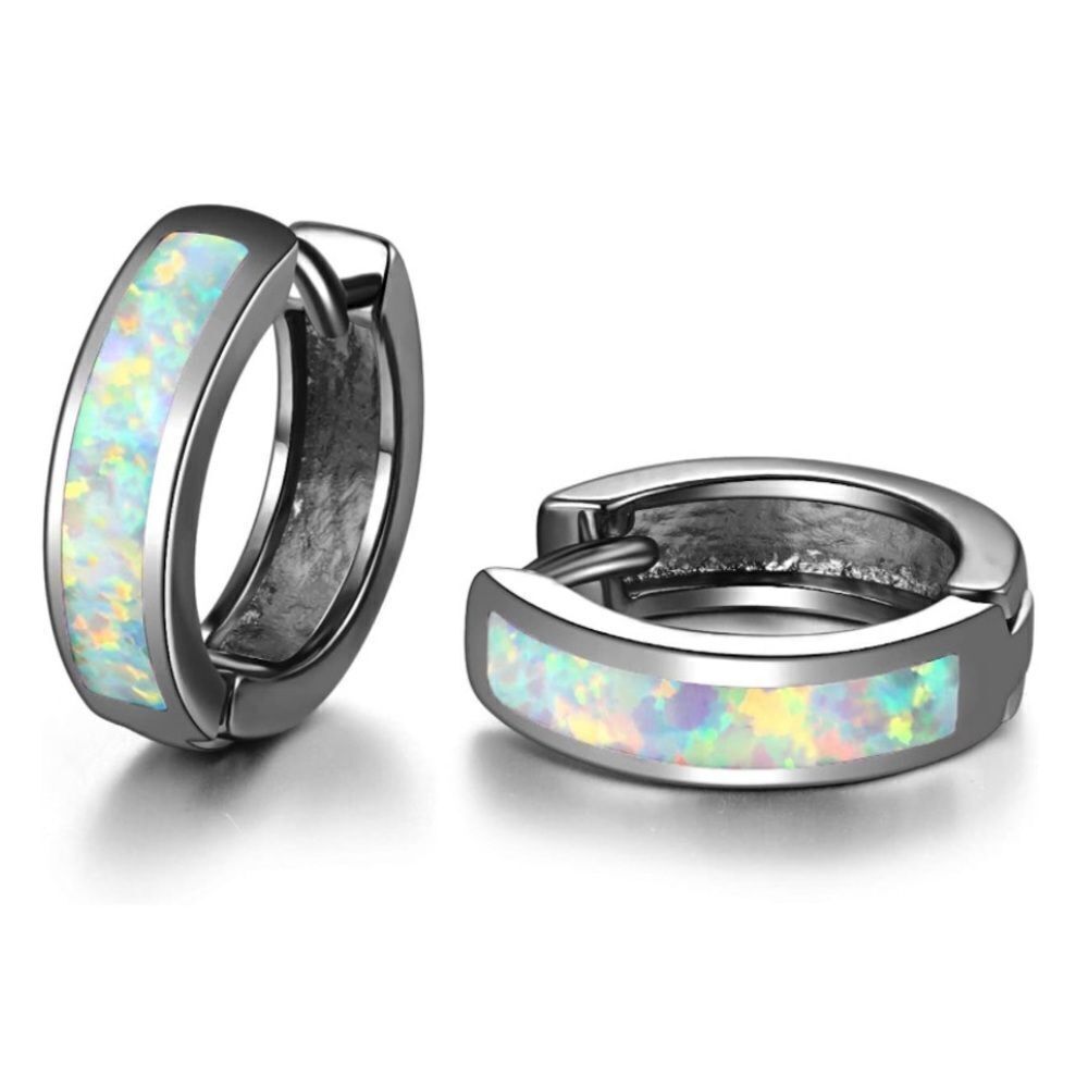 14K Black Gold with Genuine White Fire Opal Huggie Hoop Snap Hinge Earrings